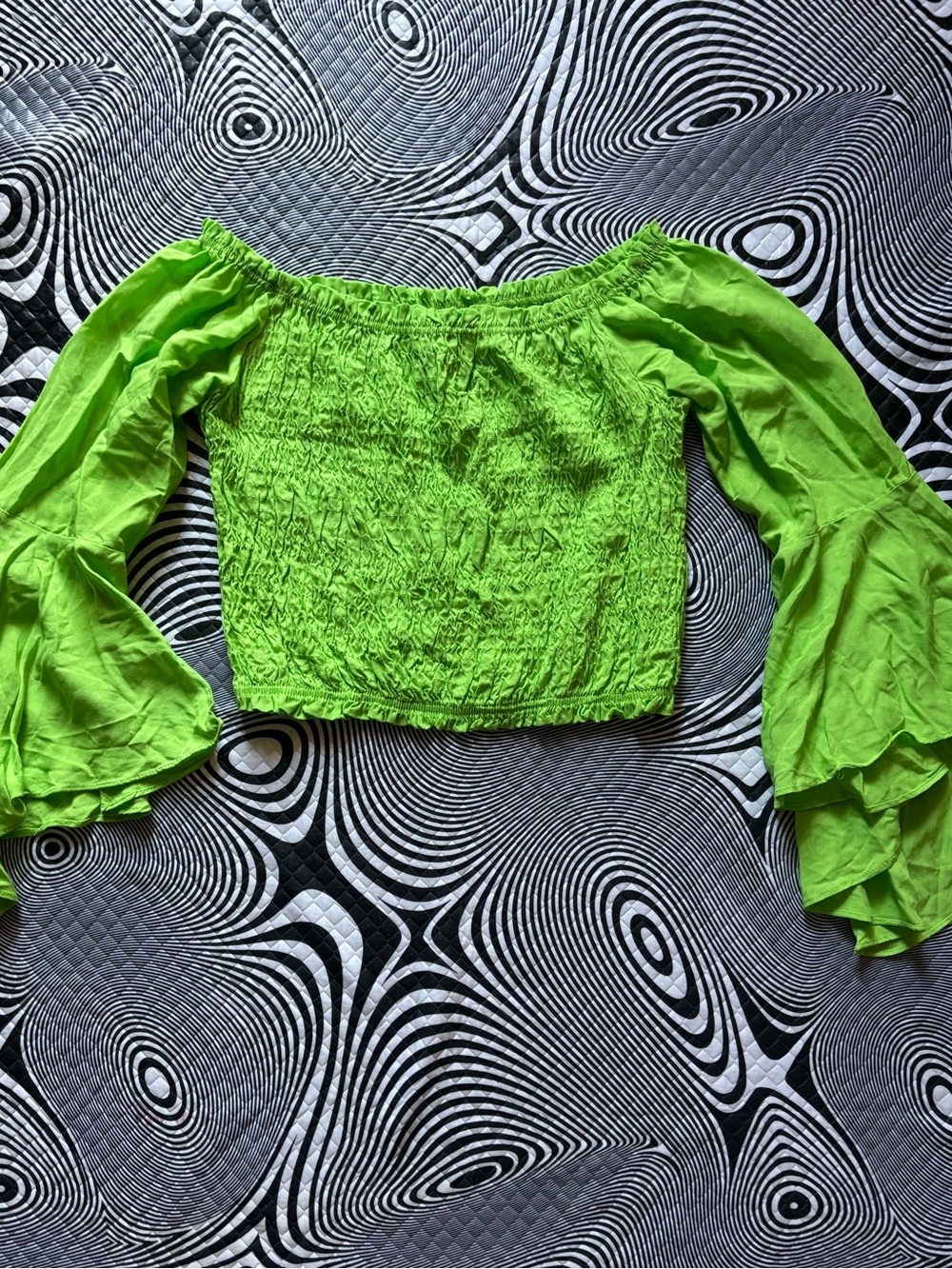 Neon Green Off-Shoulder Smocked Crop Top with Bell Sleeves